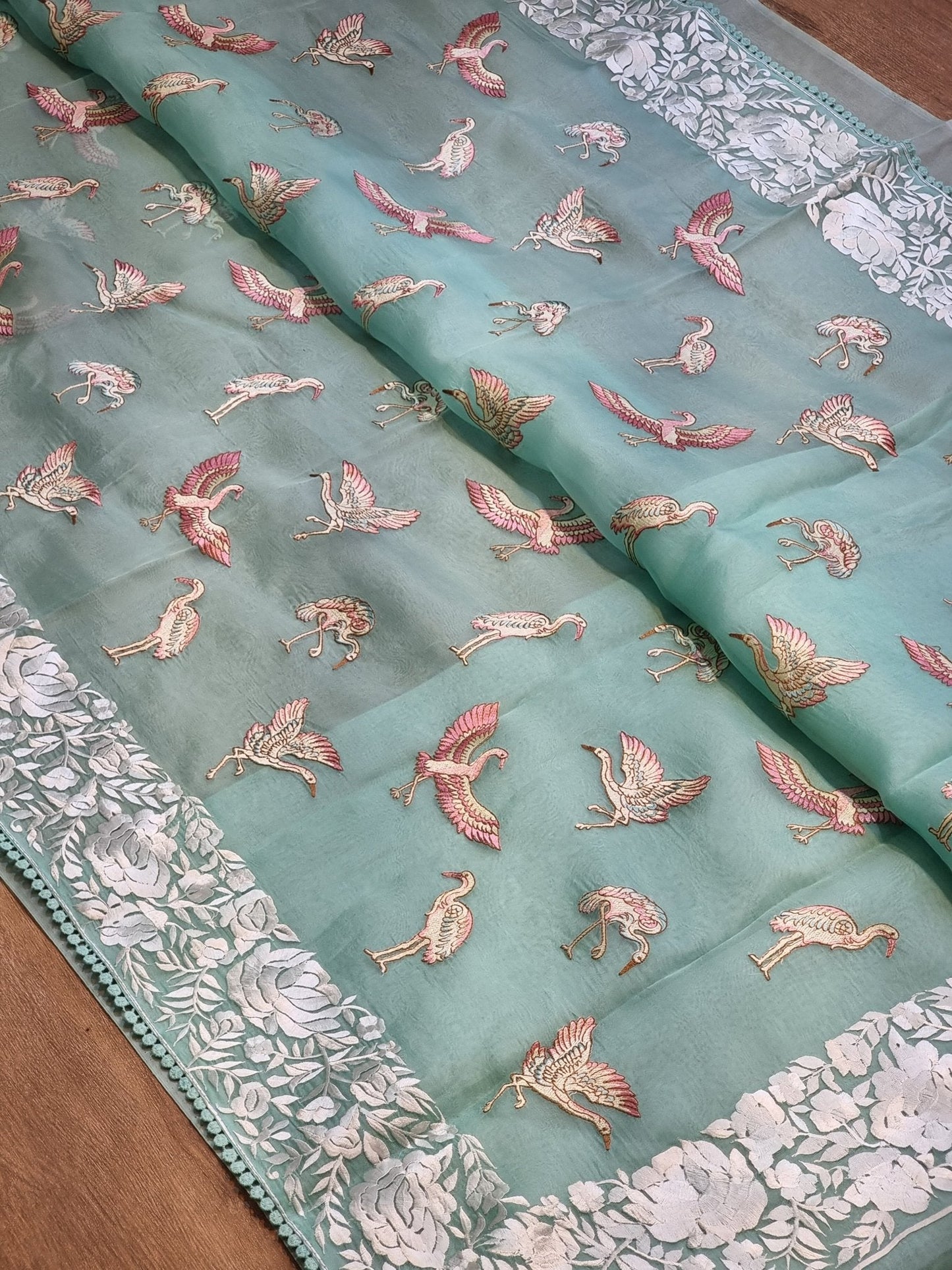 Pure Organza Silk Parsi Border Flamingo Saree - Offwhite shade