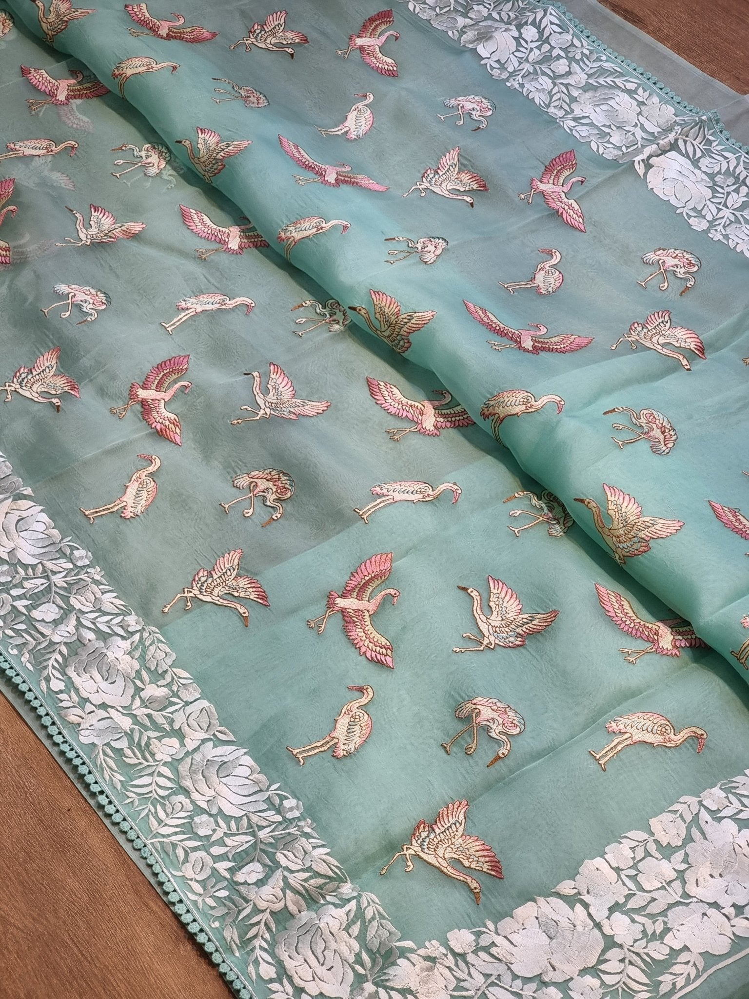 Pure Organza Silk Parsi Border Flamingo Saree - Offwhite shade