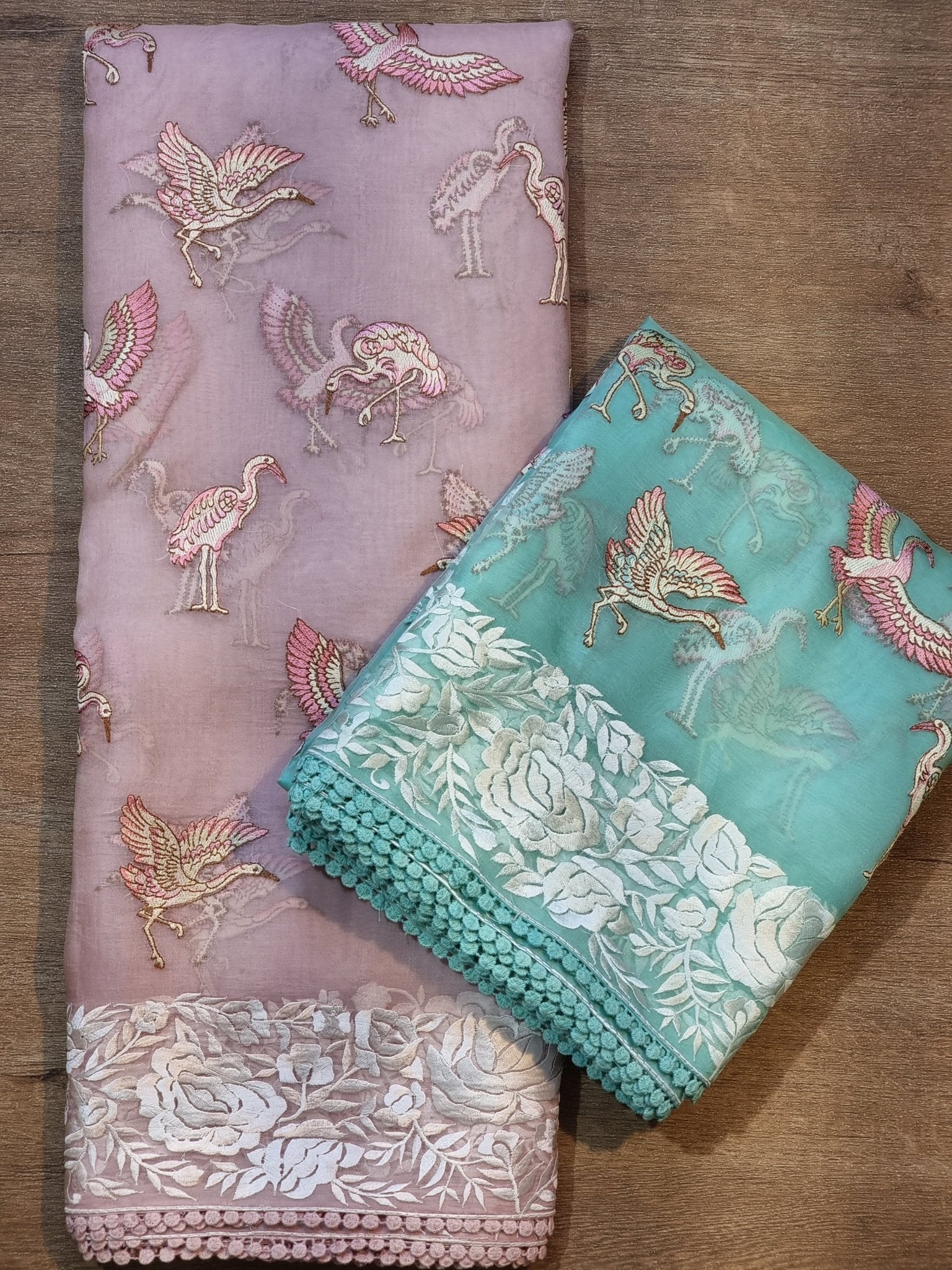 Pure Organza Silk Parsi Border Flamingo Embroidery Wwith crochet lace and sleeves in blouse - Resham Wala