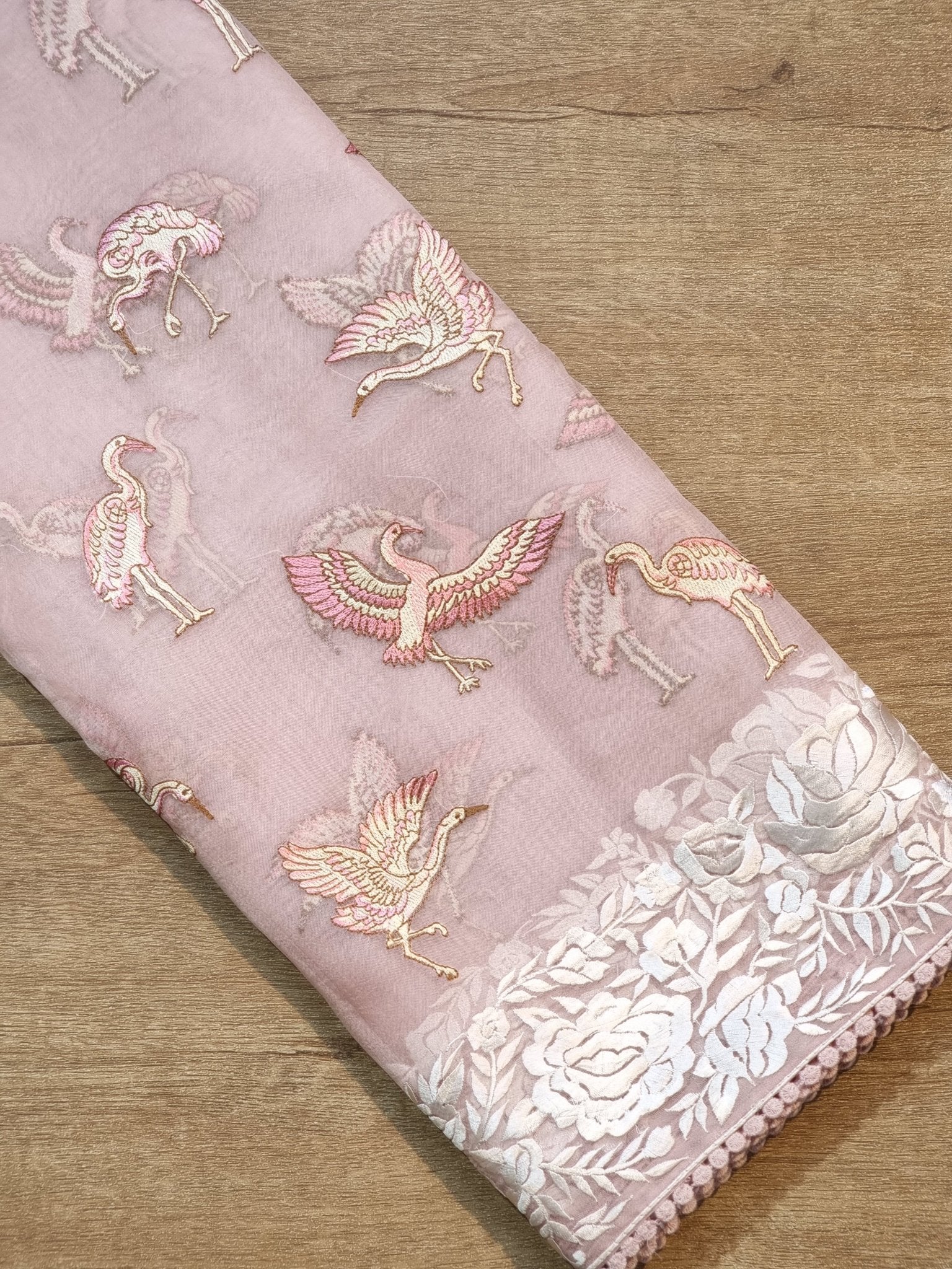 Pure Organza Silk Parsi Border Flamingo Saree - front full view