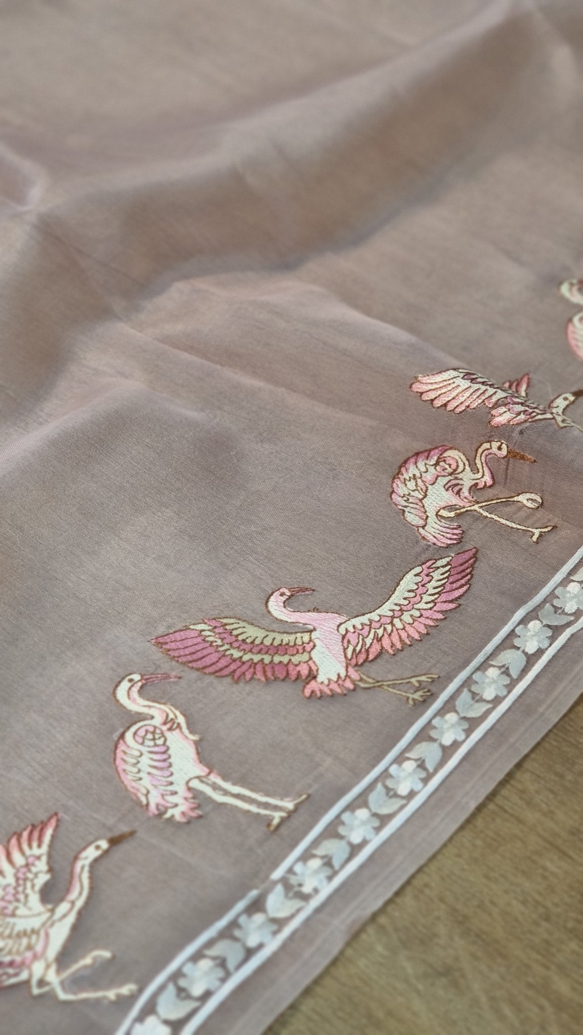 Pure Organza Silk Parsi Border Flamingo Embroidery Wwith crochet lace and sleeves in blouse - Resham Wala