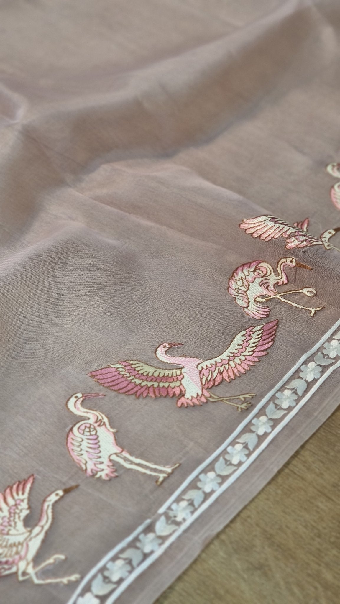 Pure Organza Silk Parsi Border Flamingo Saree - Nude Pink shade