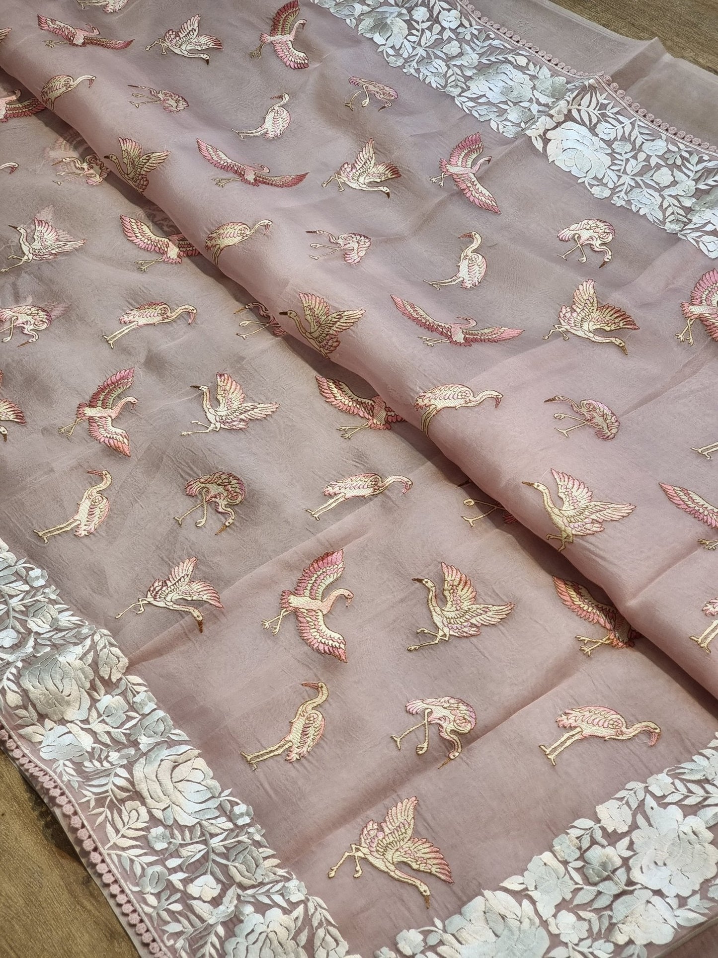 Pure Organza Silk Parsi Border Flamingo Saree - crochet lace border close-up