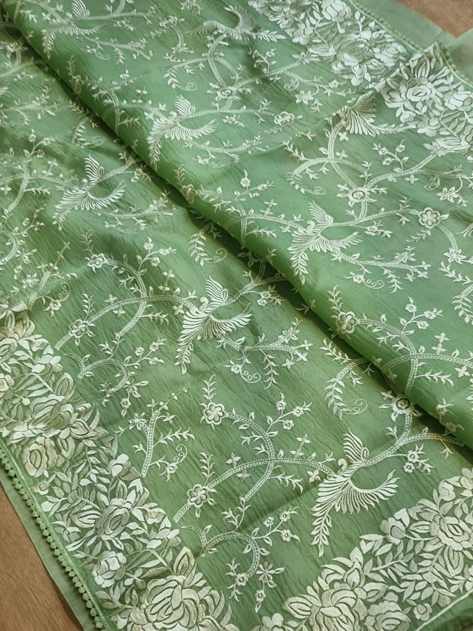 Pure Organza Silk Parsi Jaal Embroidery Saree - draped side view