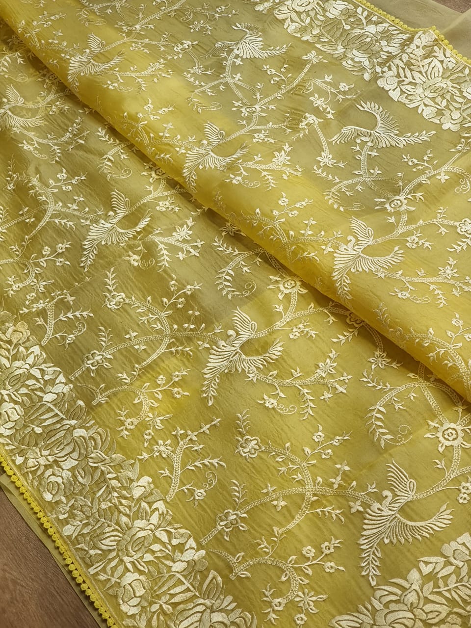 Pure Organza Silk Parsi Jaal Embroidery Saree - fabric texture close-up