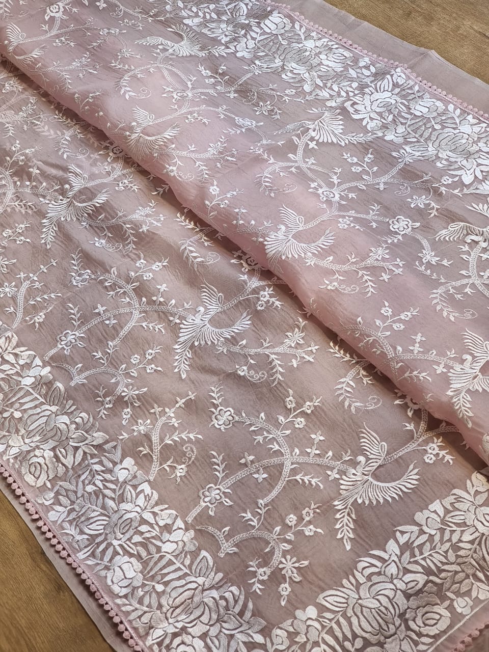 Pure Organza Silk Parsi Jaal Embroidery Saree - jaal embroidery close-up