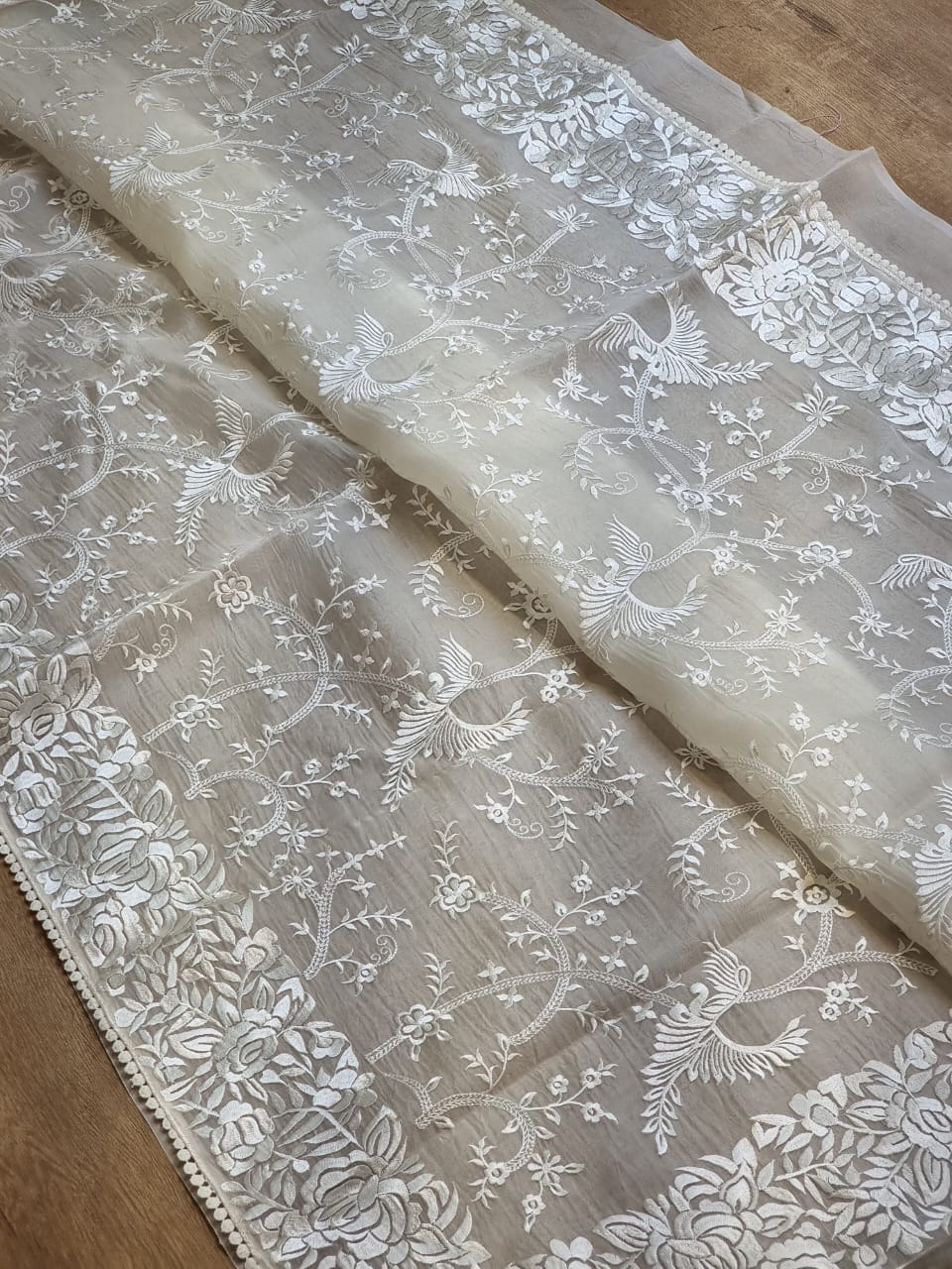 Pure Organza Silk Parsi Jaal Embroidery Saree - crochet lace border