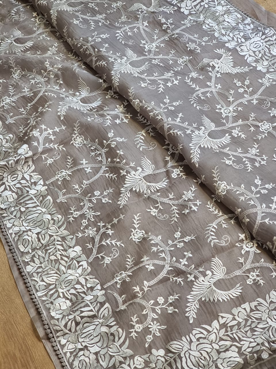 Pure Organza Silk Parsi Jaal Embroidery Saree - Peach shade