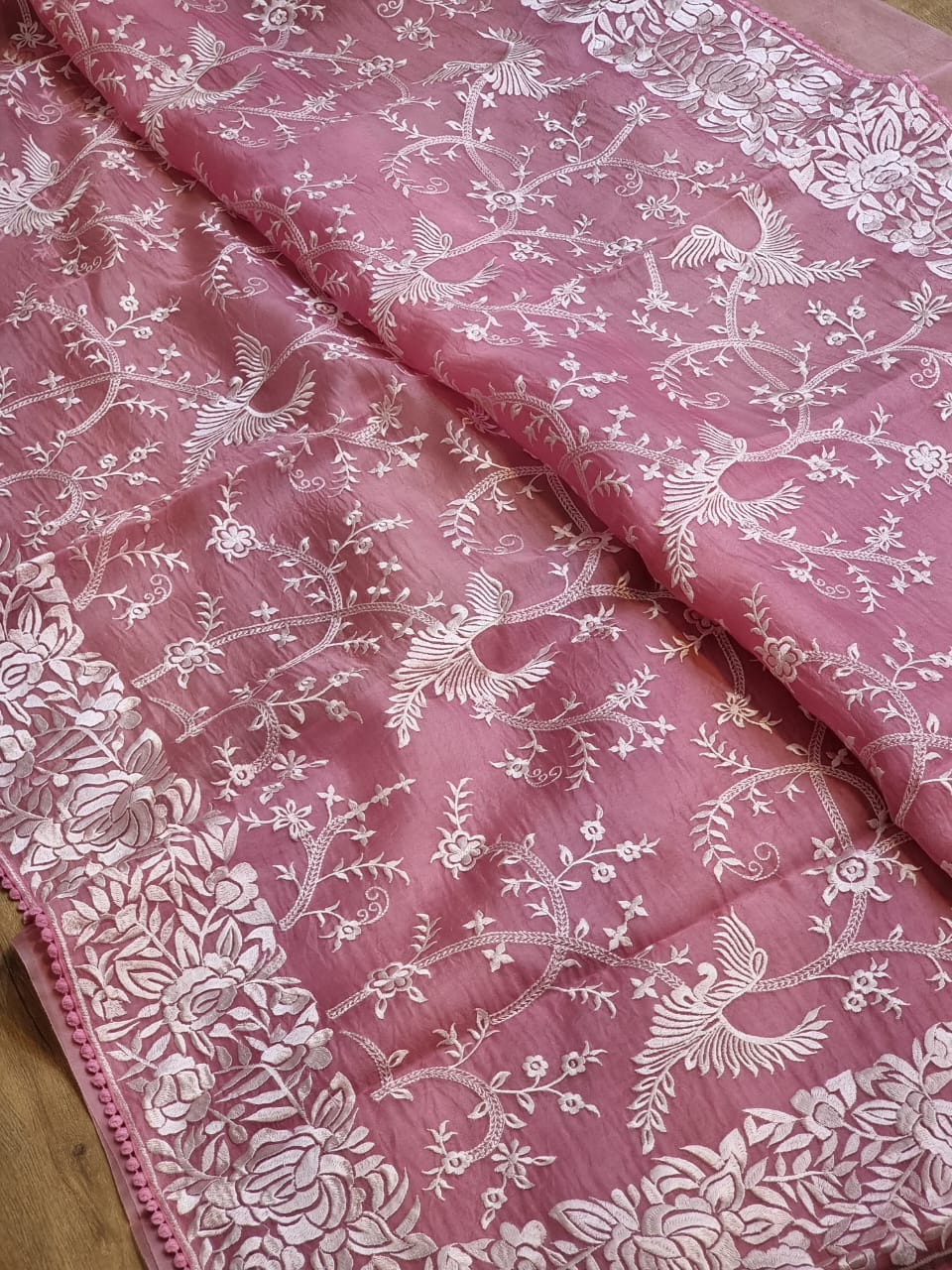 Pure Organza Silk Parsi Jaal Embroidery Saree - Offwhite shade