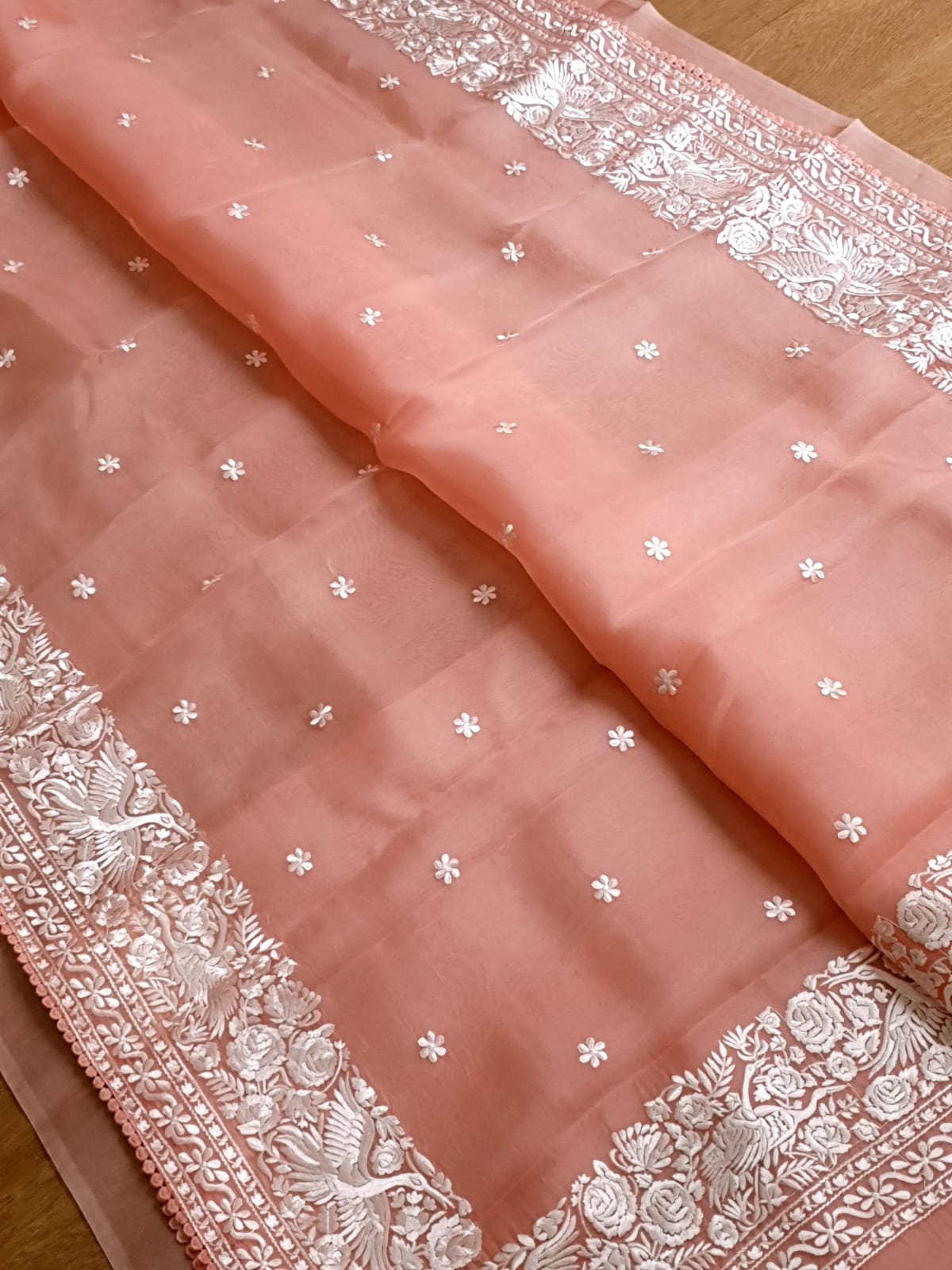 Pure Organza Silk Parsigara Embroidery Saree - draped side view
