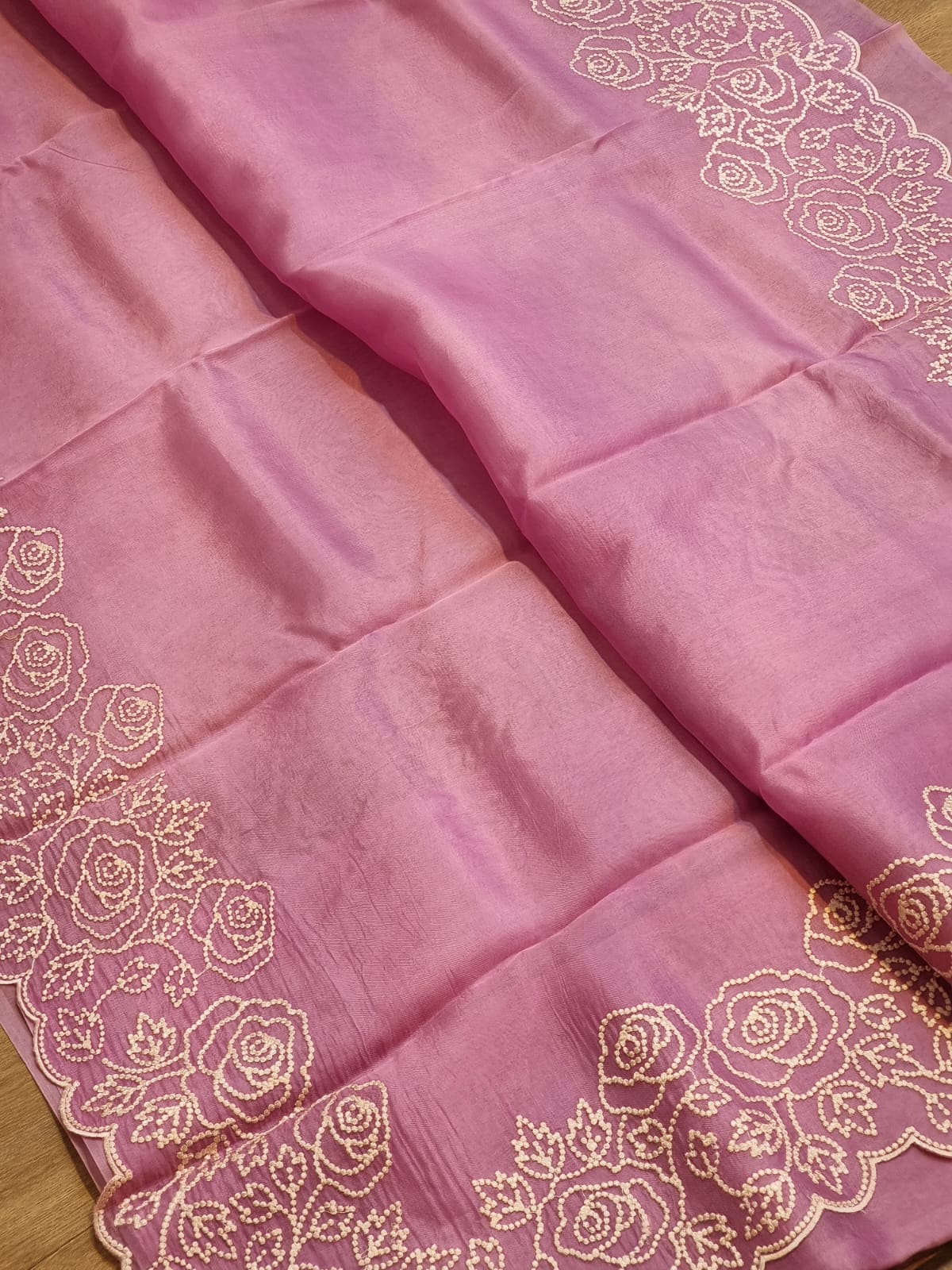 Pure Organza Silk Pearl Embroidery Work Cutwork Scallop Border Saree and Plain Blouse - Resham Wala