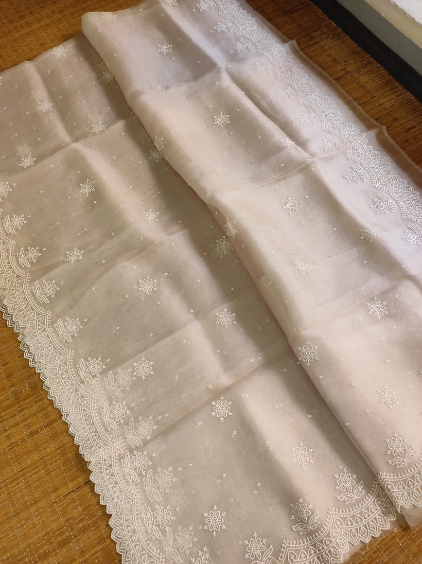 Pure Organza Silk Pearl Style Thread Embroidery Saree - Yellow shade