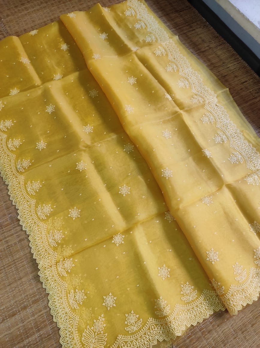 Pure Organza Silk Pearl Style Thread Embroidery Saree - S.Grey shade