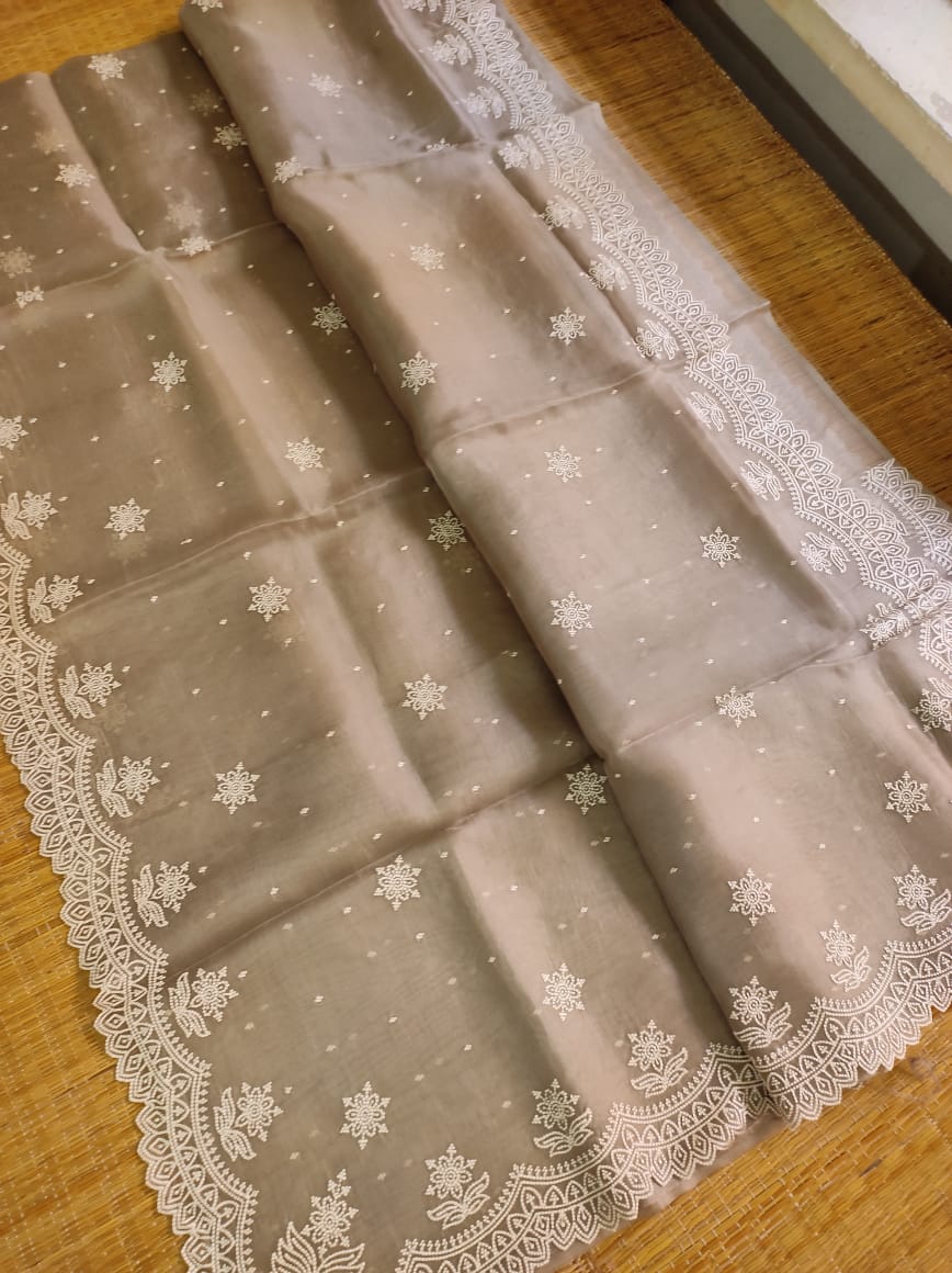 Pure Organza Silk Pearl Style thread Embroidery Saree with cutwork border scallop edges - Resham Wala