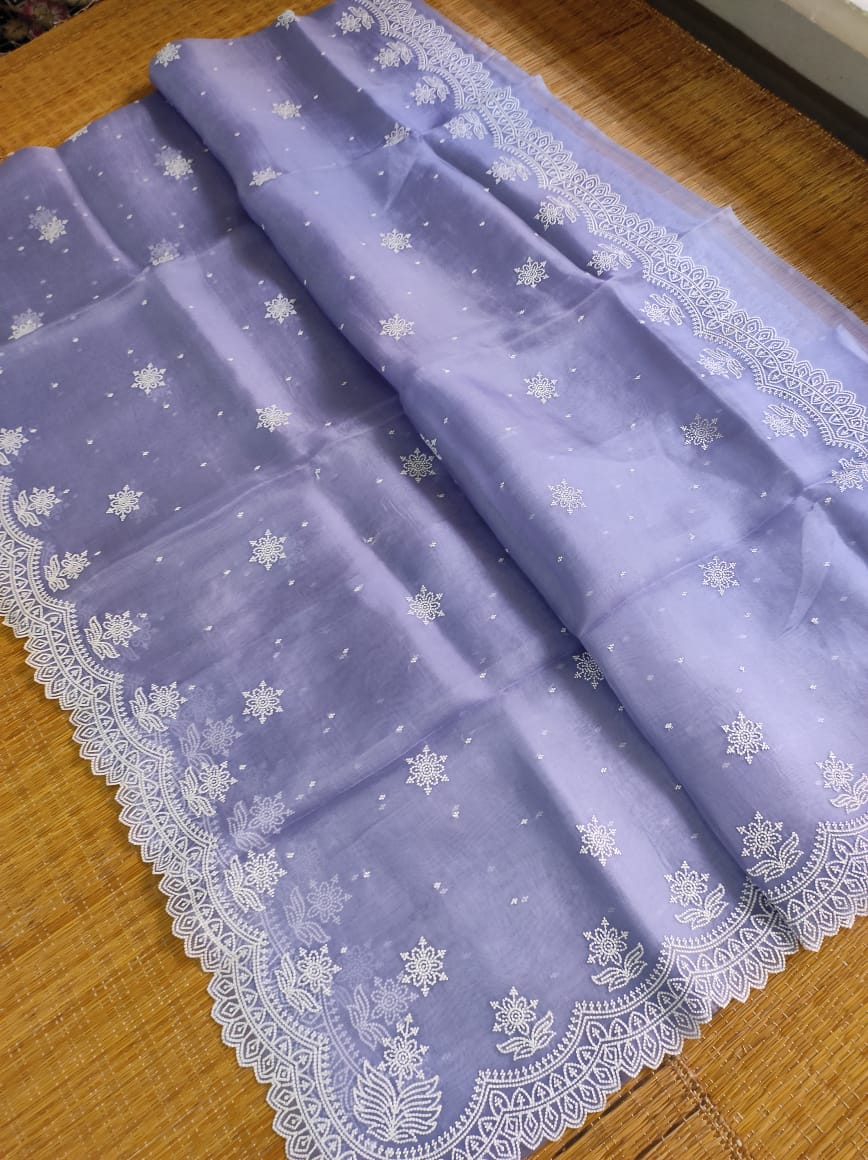 Pure Organza Silk Pearl Style Thread Embroidery Saree - Offwhite shade