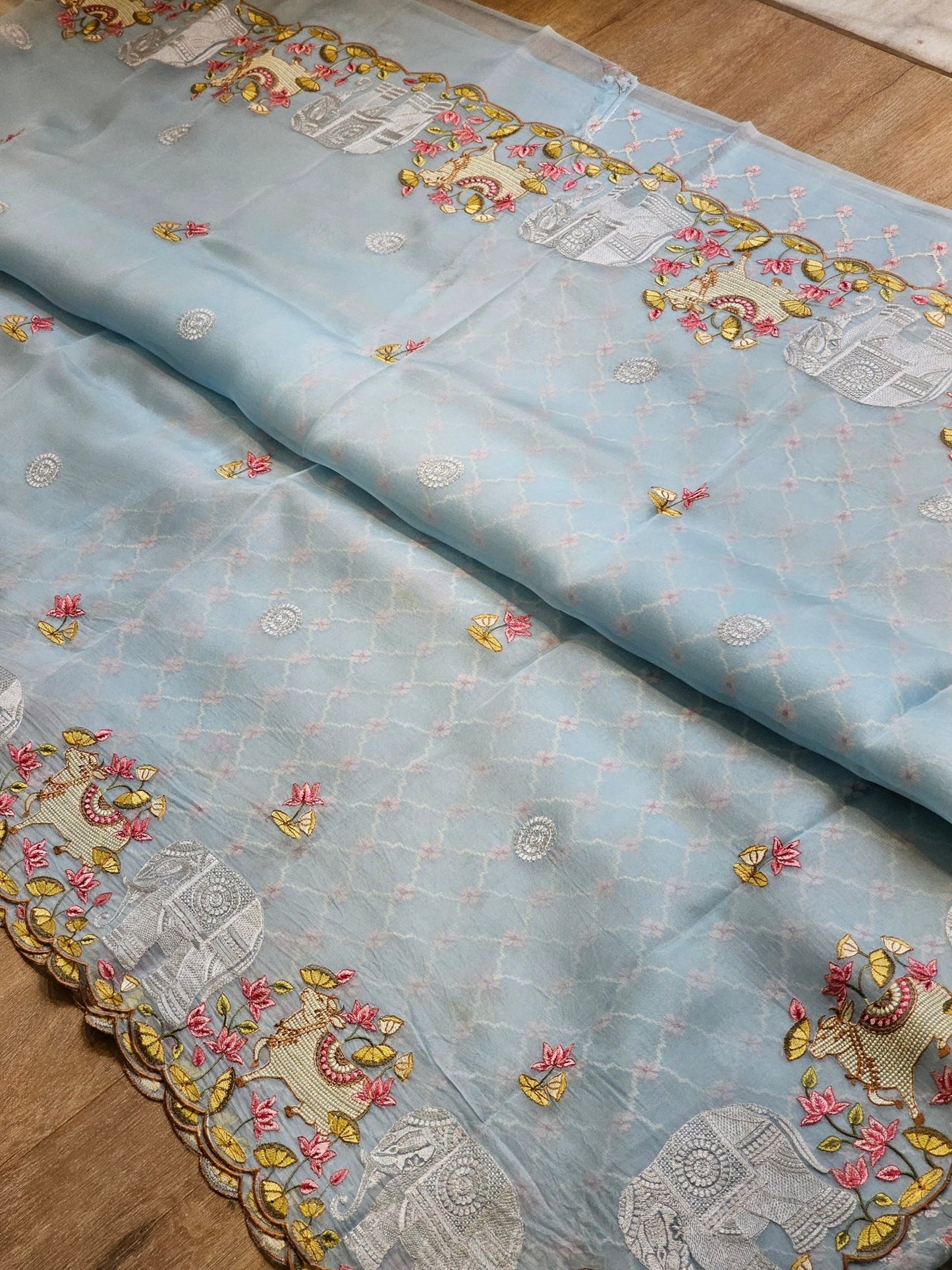 Pure Organza Silk Pichwai Elephant Embroidery Cutwork Scallop Border Saree with Heavy blouse - Resham Wala