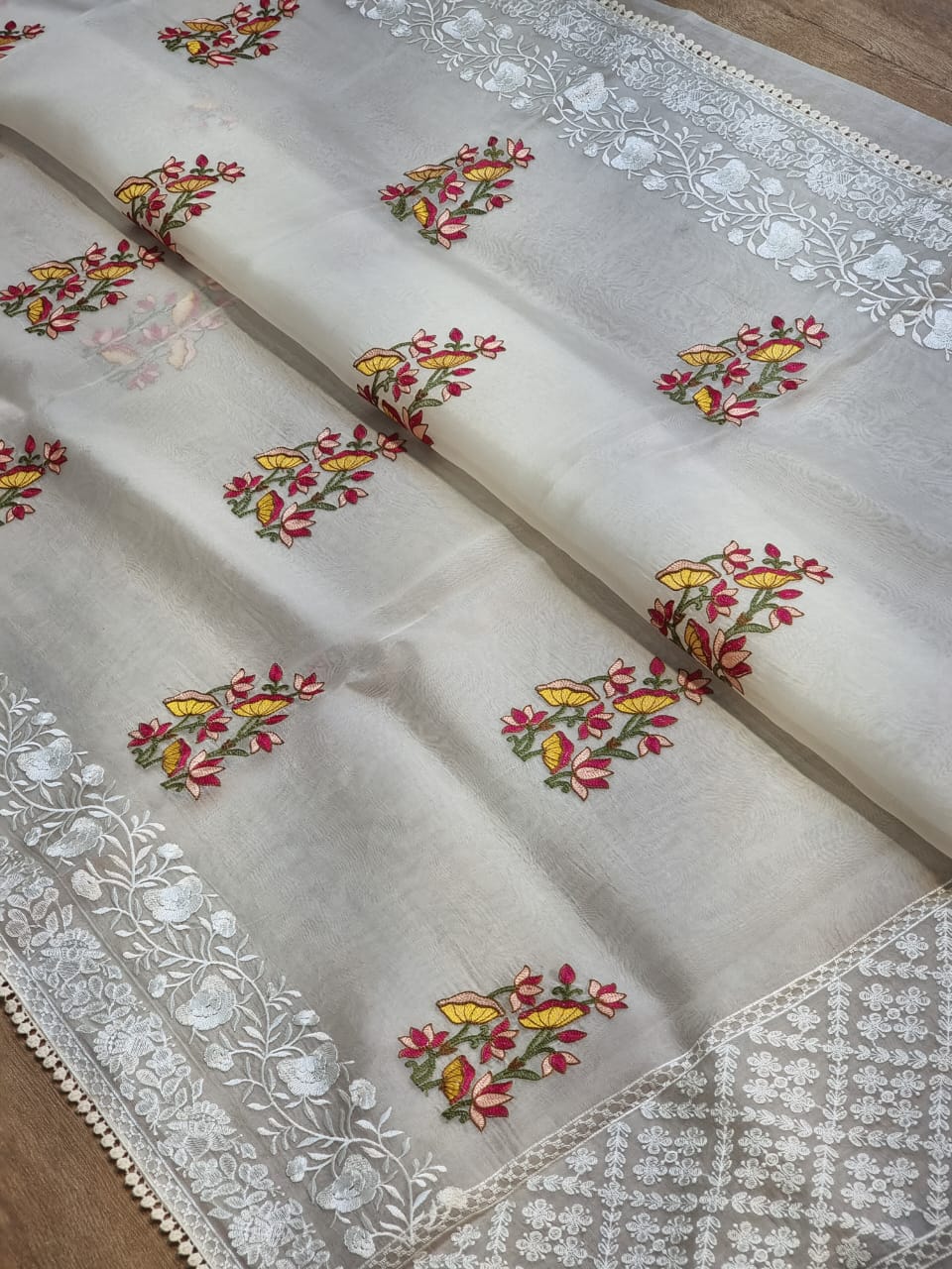 Pure organza silk PICHWAI Embroidery saree with chikankari border and crochet lace - Resham Wala