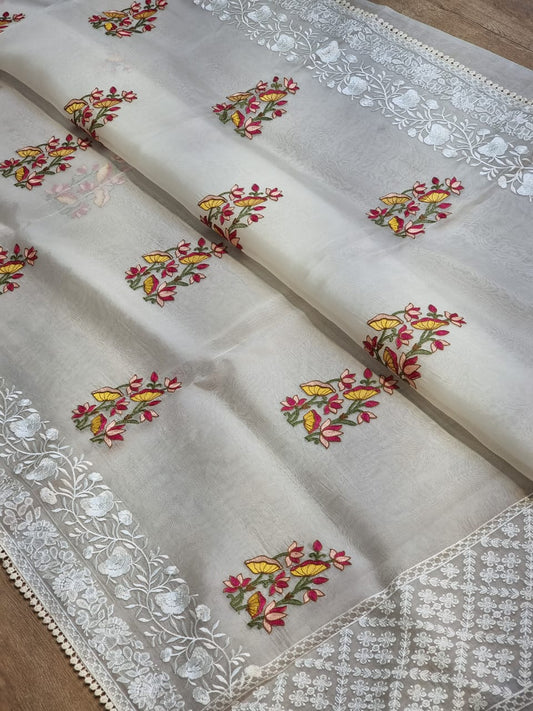 Pure organza silk PICHWAI Embroidery saree with chikankari border and crochet lace - Resham Wala