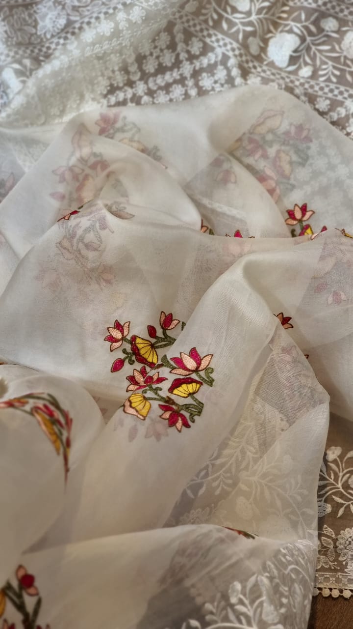 Pure organza silk PICHWAI Embroidery saree with chikankari border and crochet lace - Resham Wala