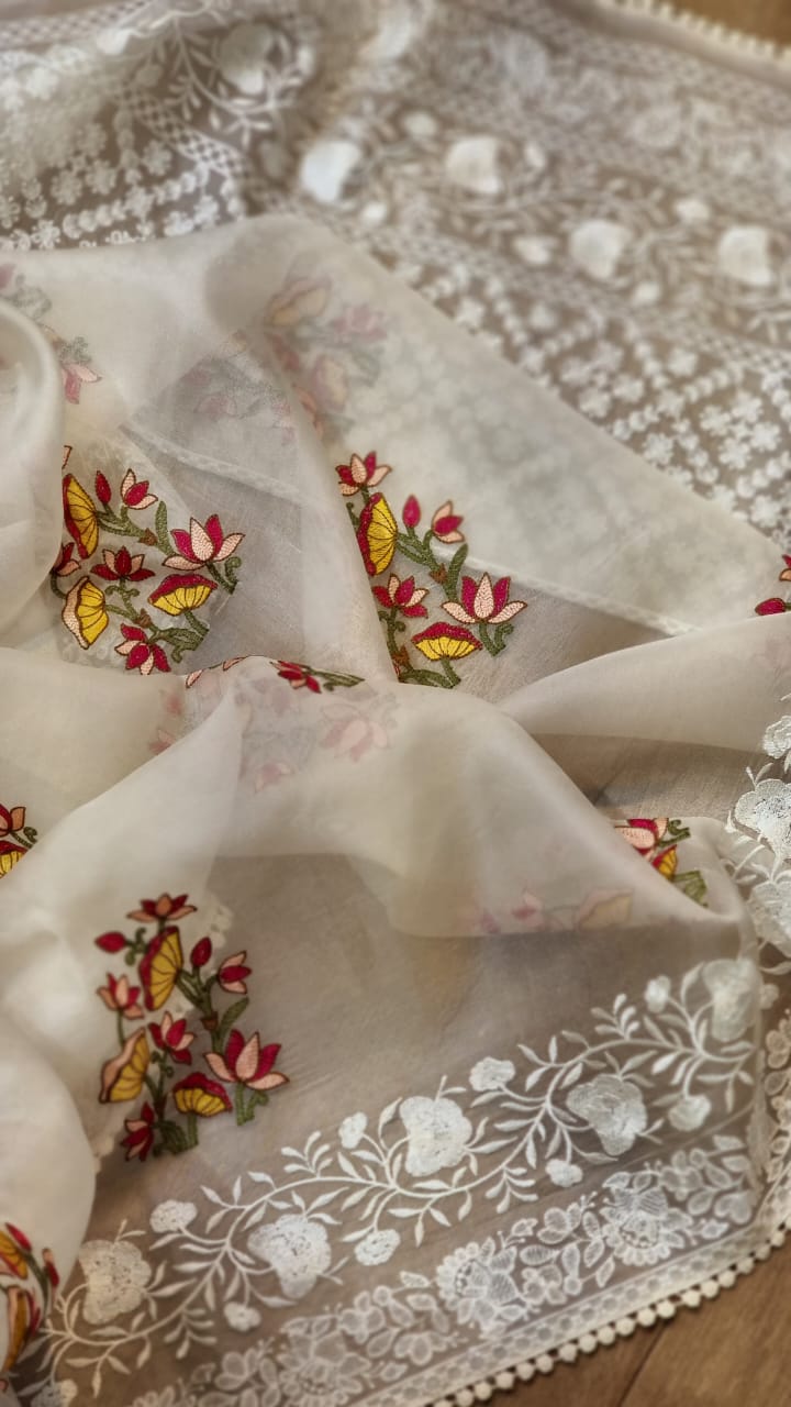 Pure organza silk PICHWAI Embroidery saree with chikankari border and crochet lace - Resham Wala