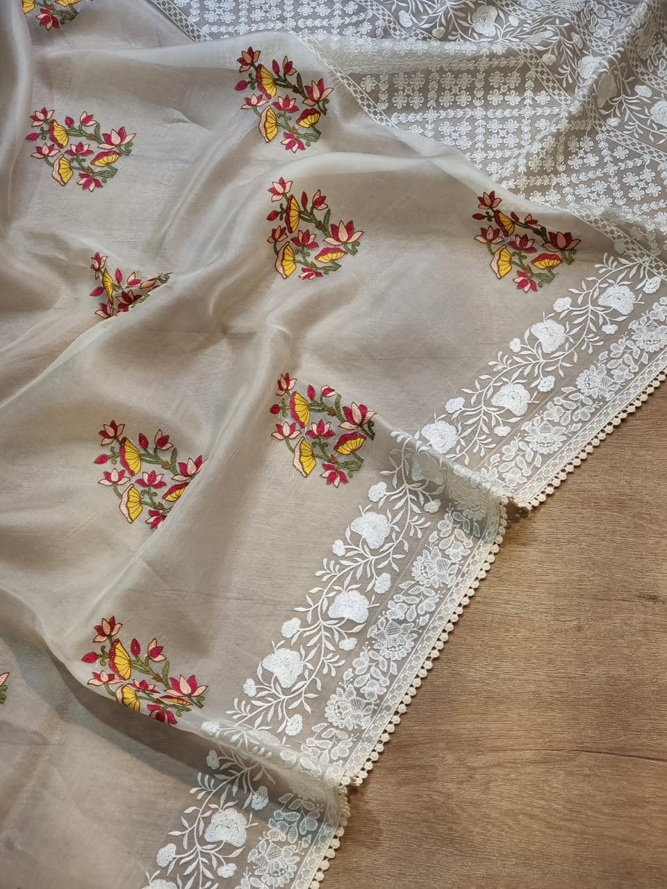 Pure organza silk PICHWAI Embroidery saree with chikankari border and crochet lace - Resham Wala