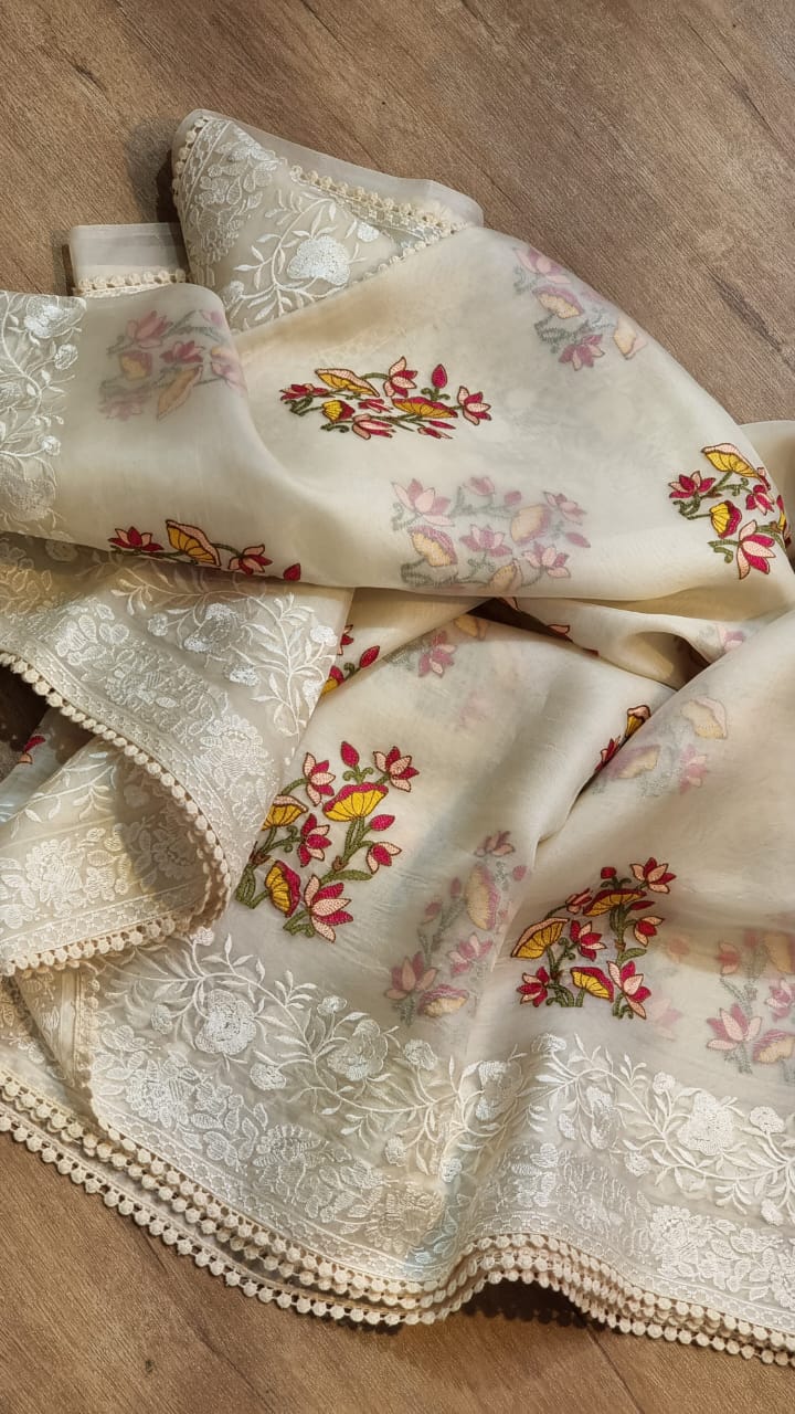 Pure organza silk PICHWAI Embroidery saree with chikankari border and crochet lace - Resham Wala
