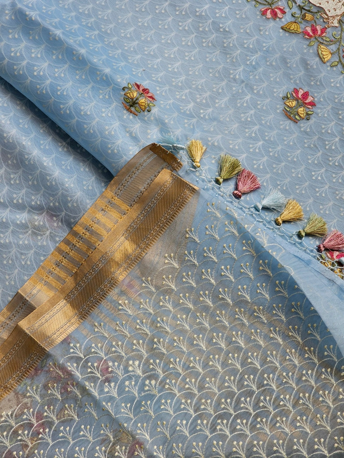 Pure Organza Silk Pichwai Embroidery Saree - full length drape view
