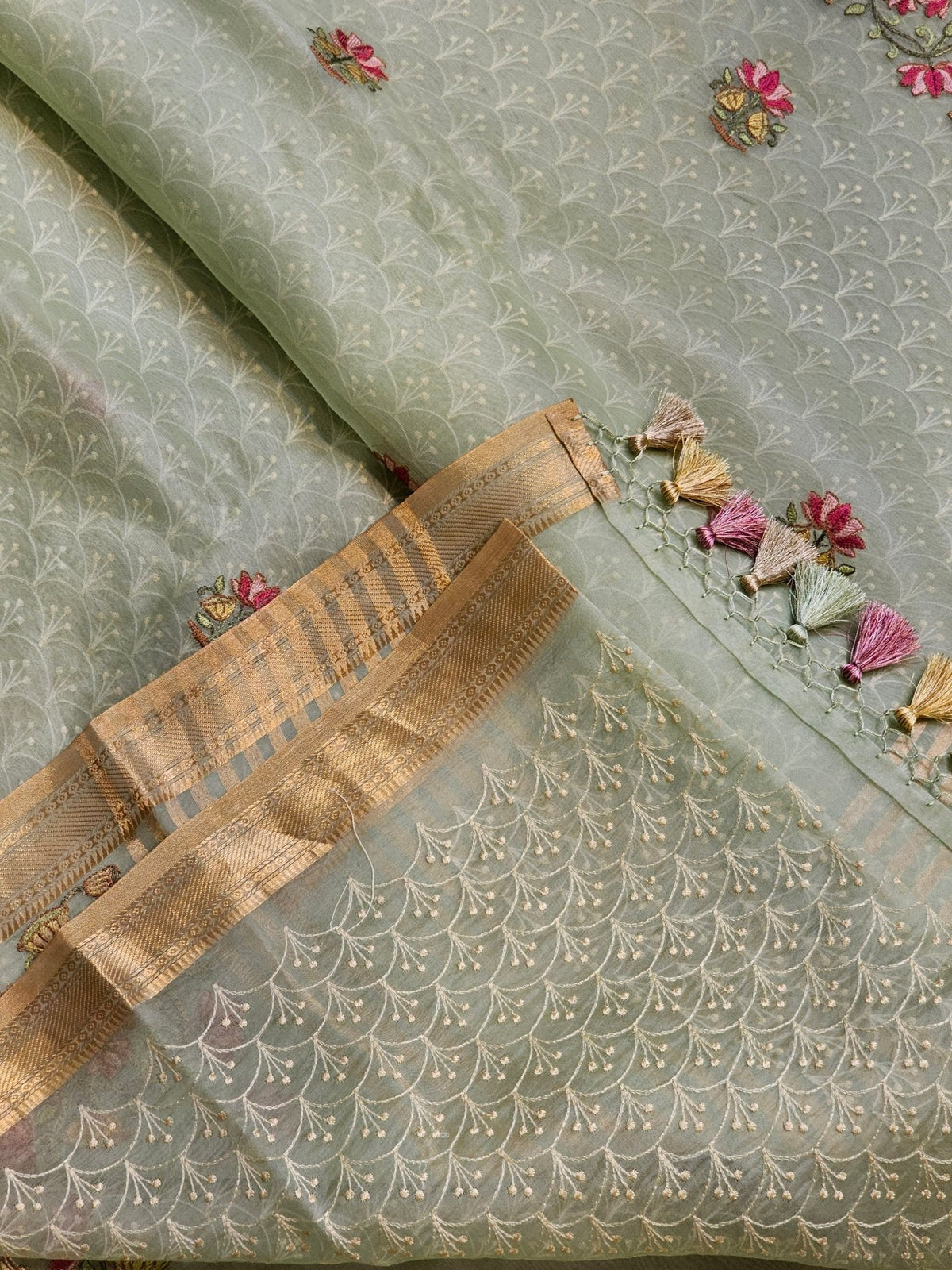 Pure Organza Silk Pichwai Embroidery Saree - fabric texture close-up