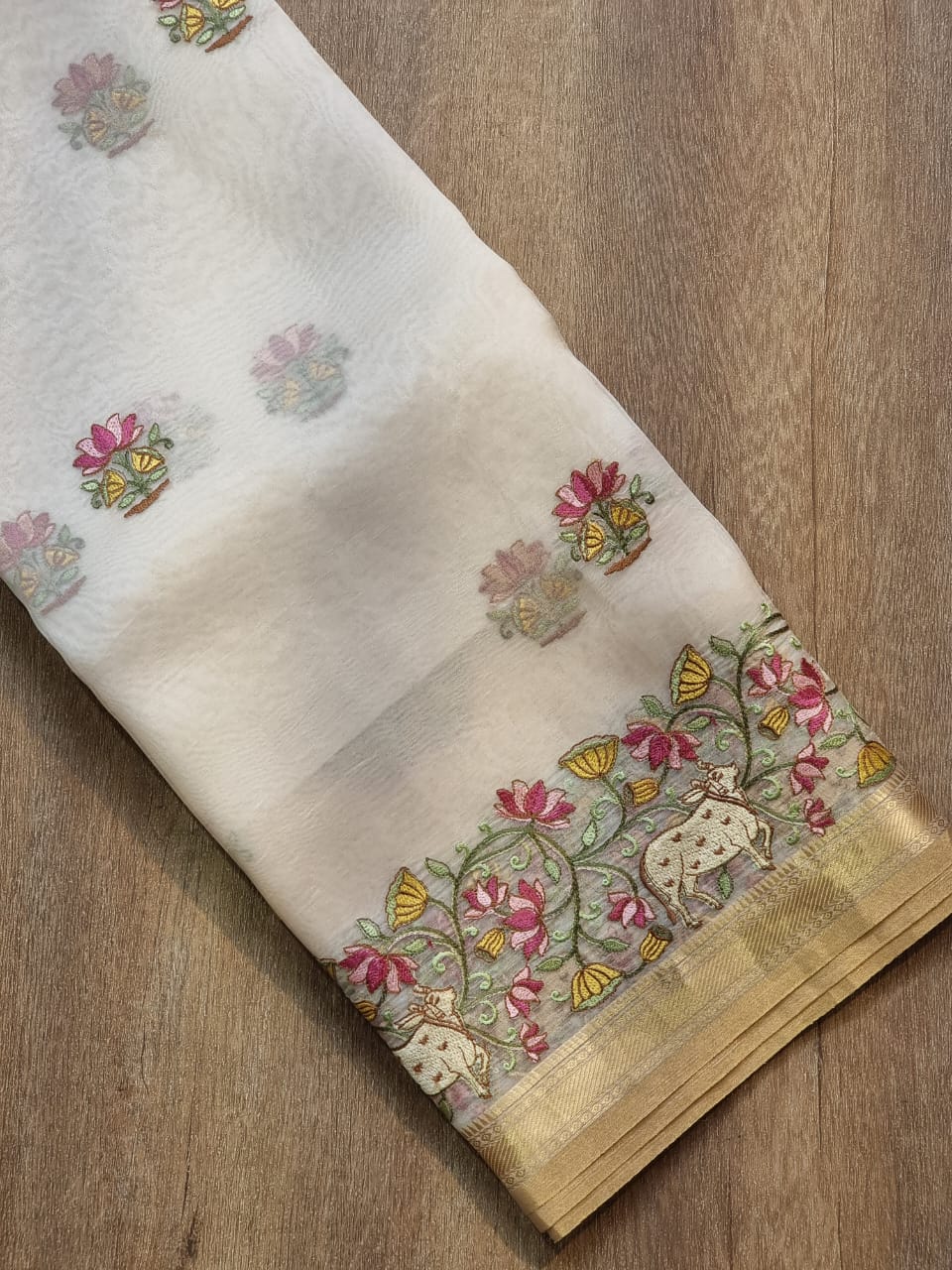 Pure Organza Silk Pichwai Embroidery Saree - draped side view