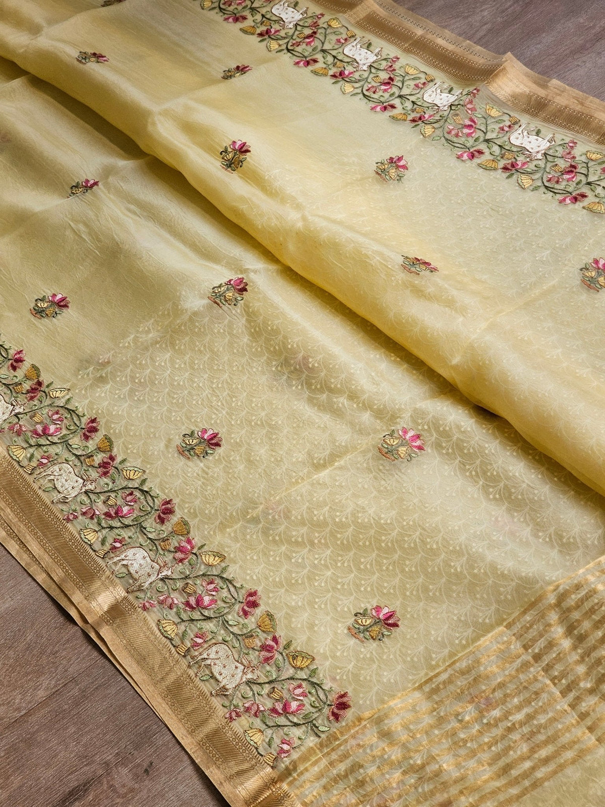 Pure Organza Silk Pichwai Embroidery Saree - flat lay full saree view