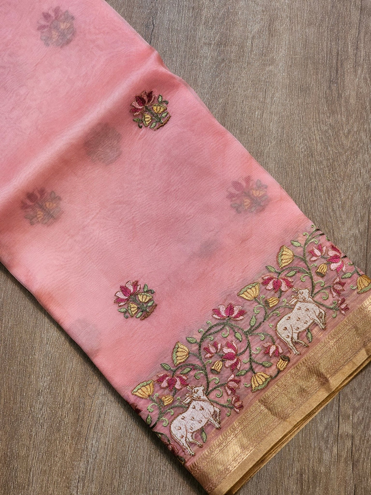 Pure Organza Silk Pichwai Embroidery Saree - pallu embroidery close-up view
