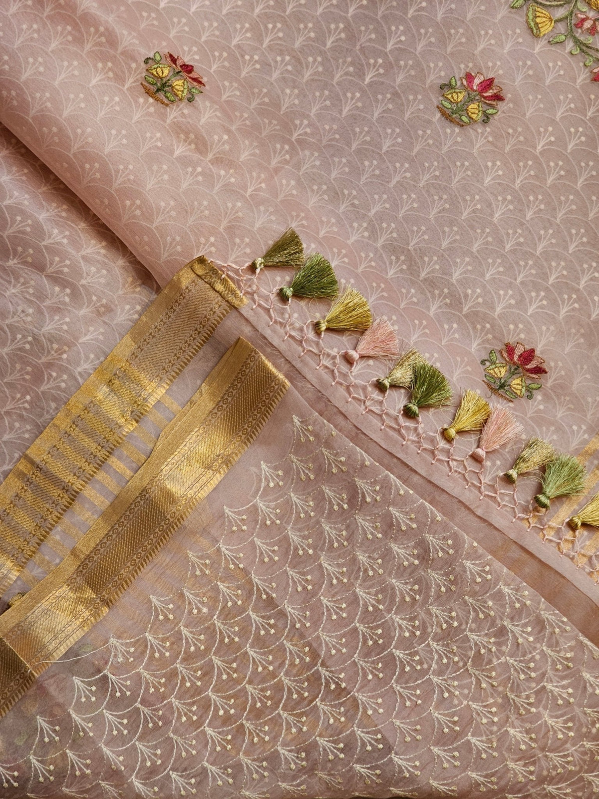 Pure Organza Silk Pichwai Embroidery Saree - close drape folds detail