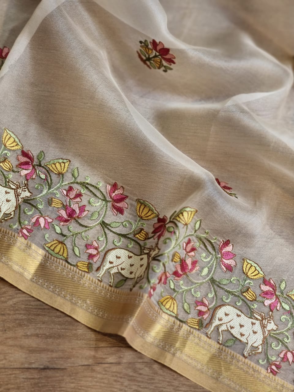 Pure Organza Silk Pichwai Embroidery Saree - Nude Pink shade