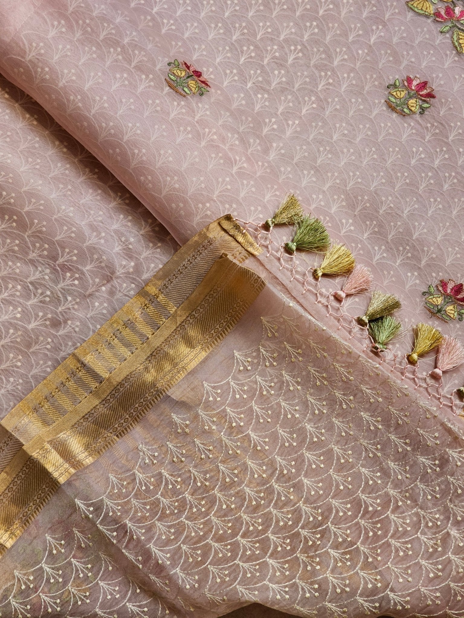 Pure Organza Silk PICHWAI Embroidery Work saree with heavy blouse and special tassels - Resham Wala