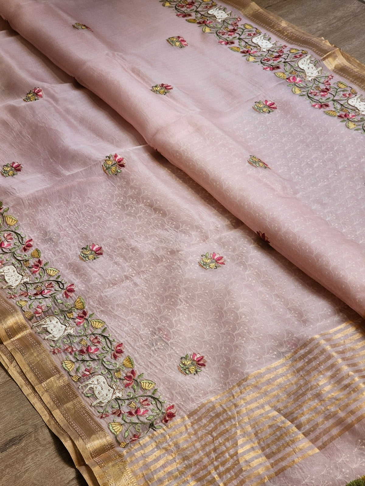Pure Organza Silk Pichwai Embroidery Saree - saree with jewellery close-up
