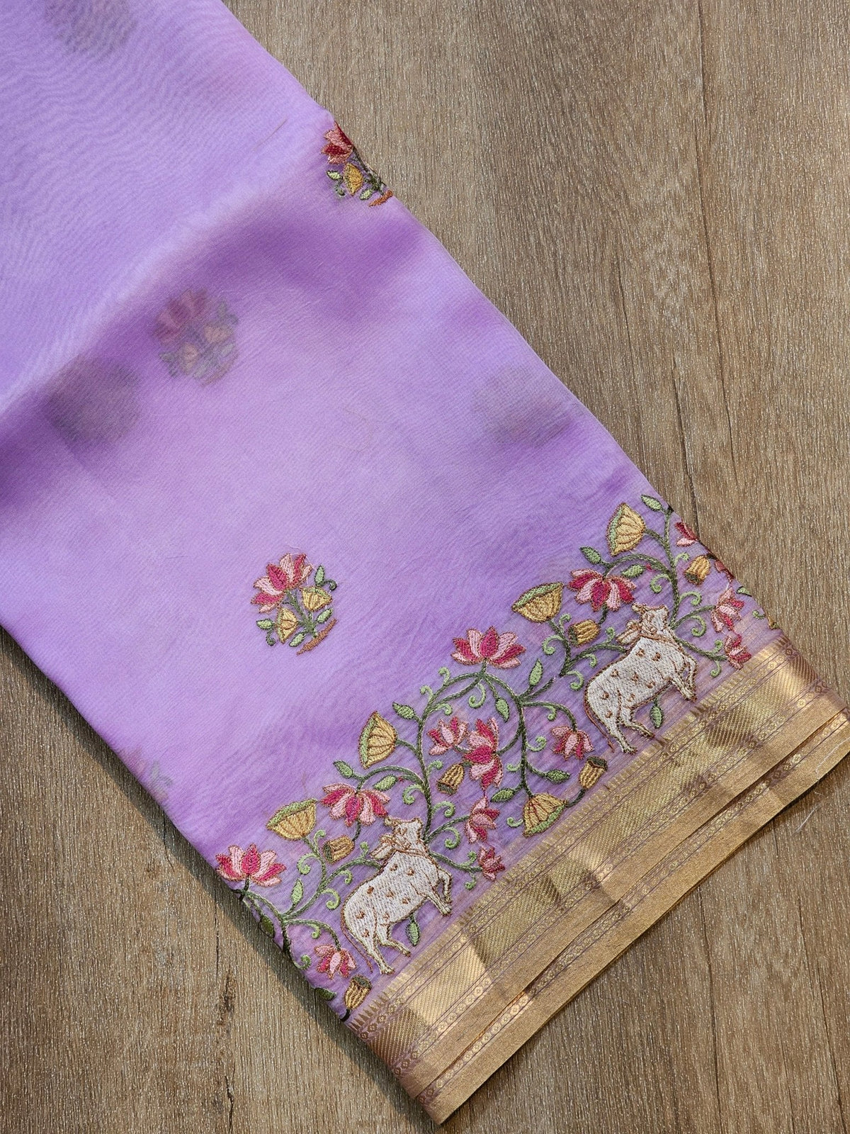 Pure Organza Silk Pichwai Embroidery Saree - three-quarter view