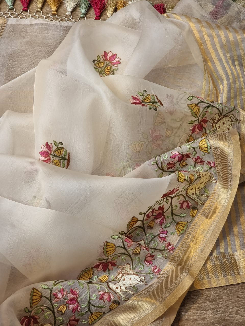 Pure Organza Silk Pichwai Embroidery Saree - Powder Blue shade