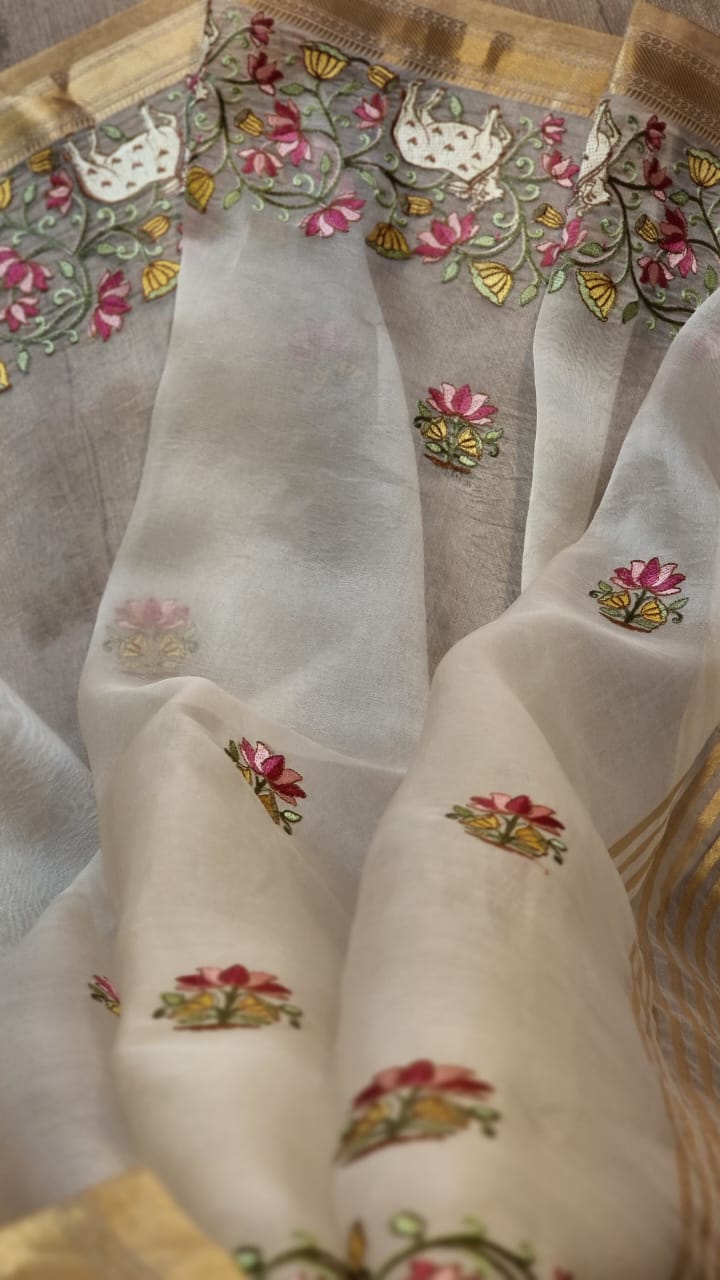 Pure Organza Silk Pichwai Embroidery Saree - Pale Yellow shade