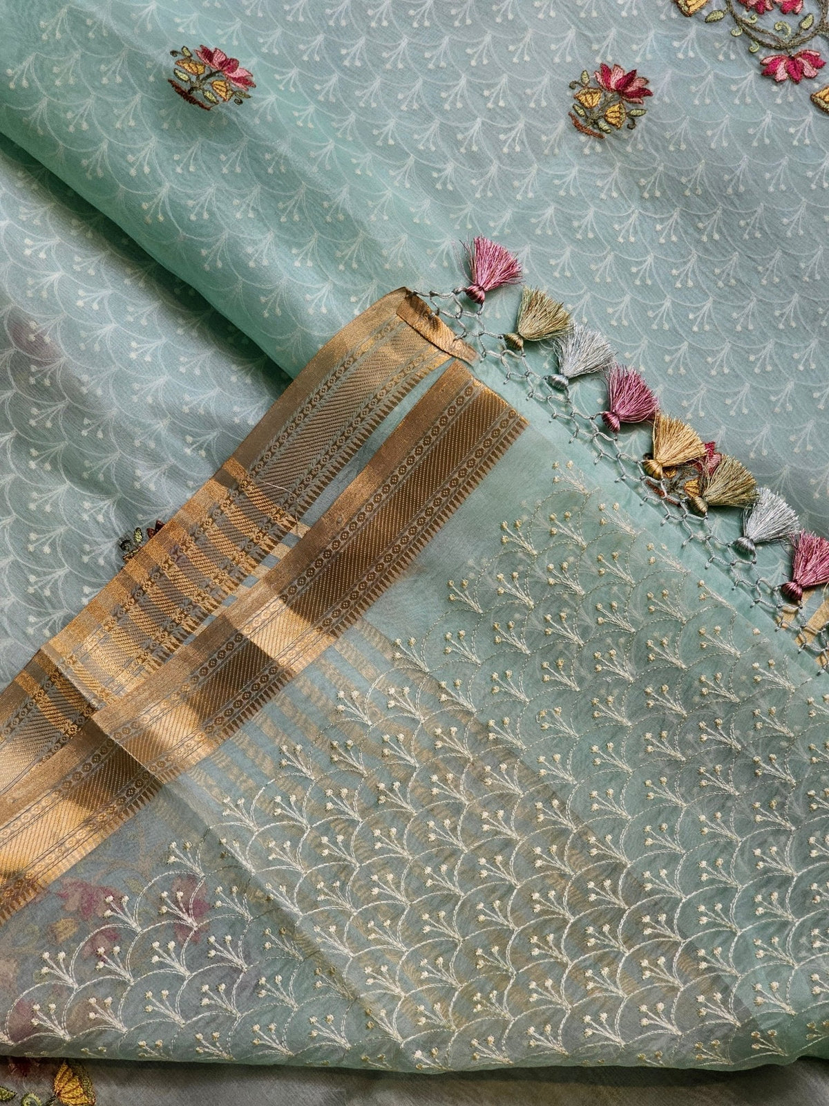Pure Organza Silk Pichwai Embroidery Saree - blouse detail close-up