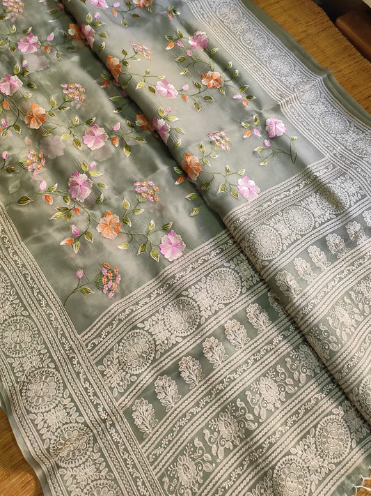 Pure Organza Silk Saree Multi Embroidery Floral Jaal Heavy Chikankari Pallu special tassels - Resham Wala