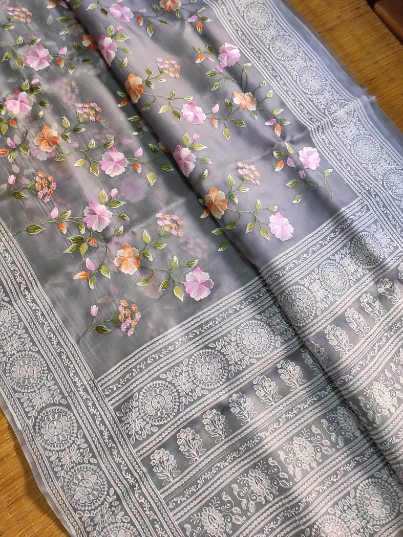 Pure Organza Silk Saree Multi Embroidery Floral Jaal Heavy Chikankari Pallu special tassels - Resham Wala