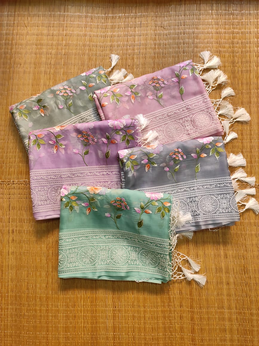 Pure Organza Silk Saree Multi Embroidery Floral Jaal Heavy Chikankari Pallu special tassels - Resham Wala
