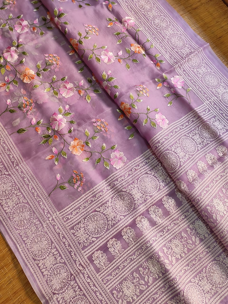 Pure Organza Silk Saree Multi Embroidery Floral Jaal Heavy Chikankari Pallu special tassels - Resham Wala