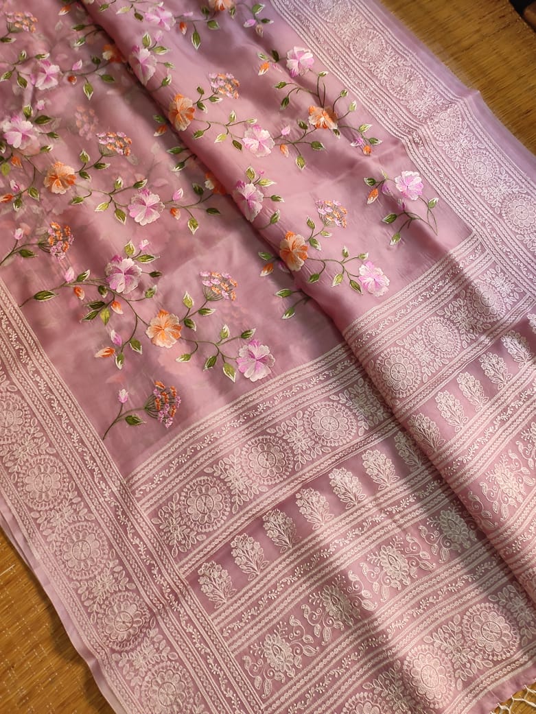Pure Organza Silk Saree Multi Embroidery Floral Jaal Heavy Chikankari Pallu special tassels - Resham Wala