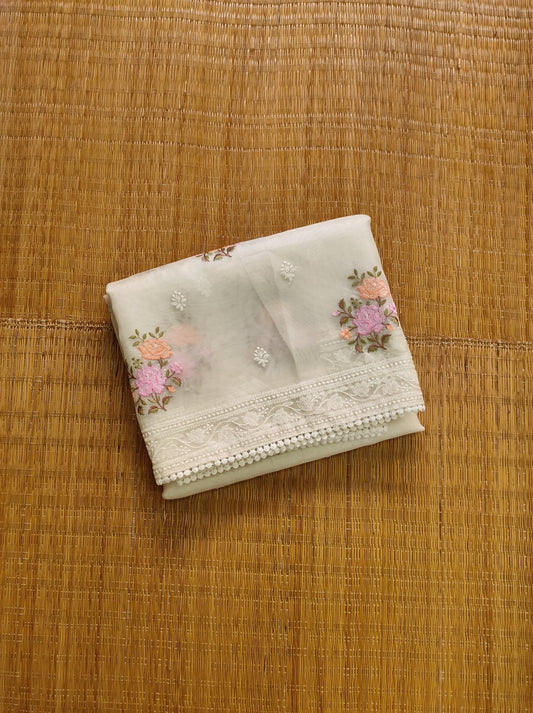 Pure Organza Silk Saree with Floral Embroidery Buta and Crochet Lace with Sleeves in Blouse - Resham Wala