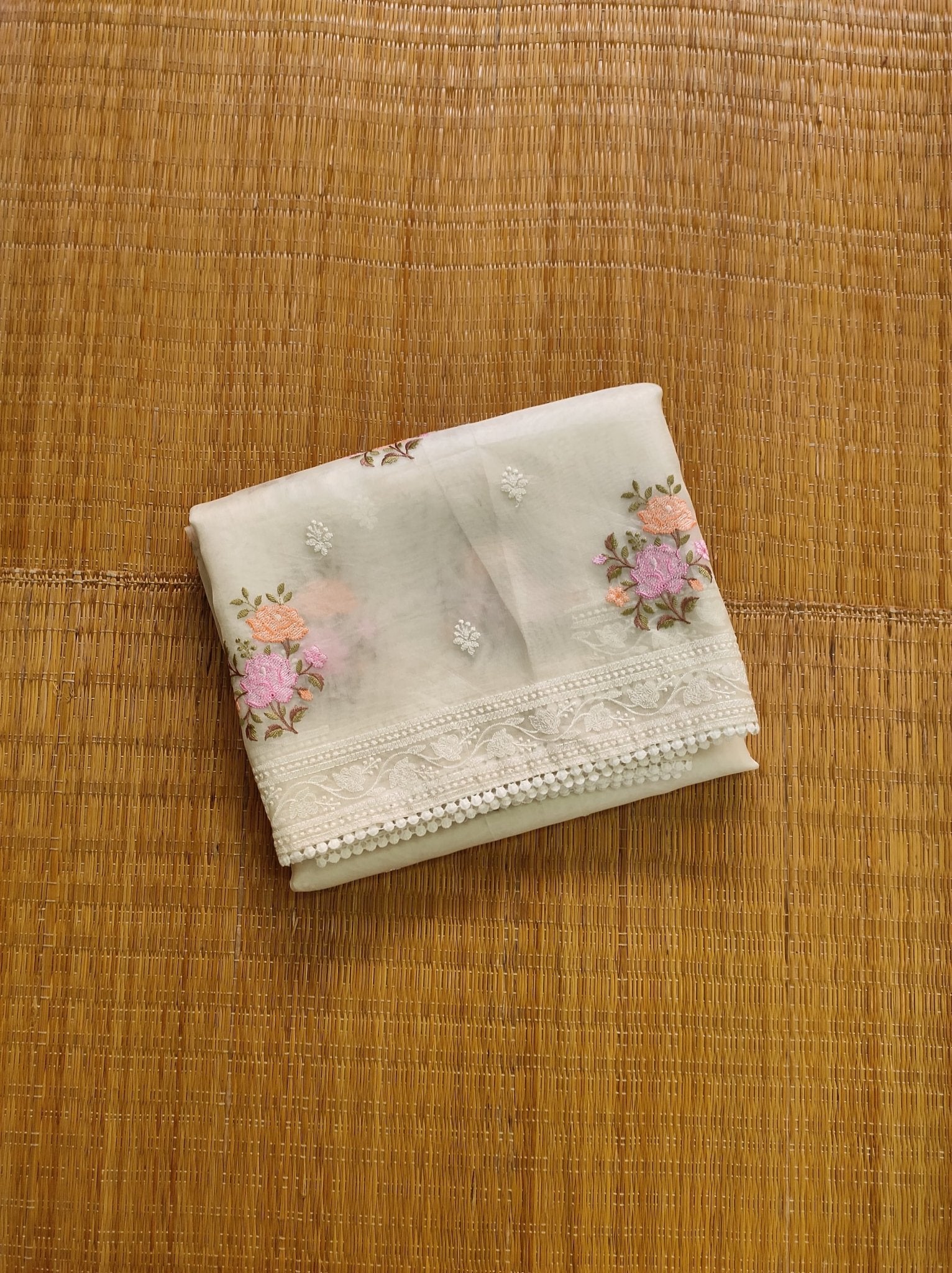 Pure Organza Silk Saree with Floral Embroidery Buta and Crochet Lace with Sleeves in Blouse - Resham Wala