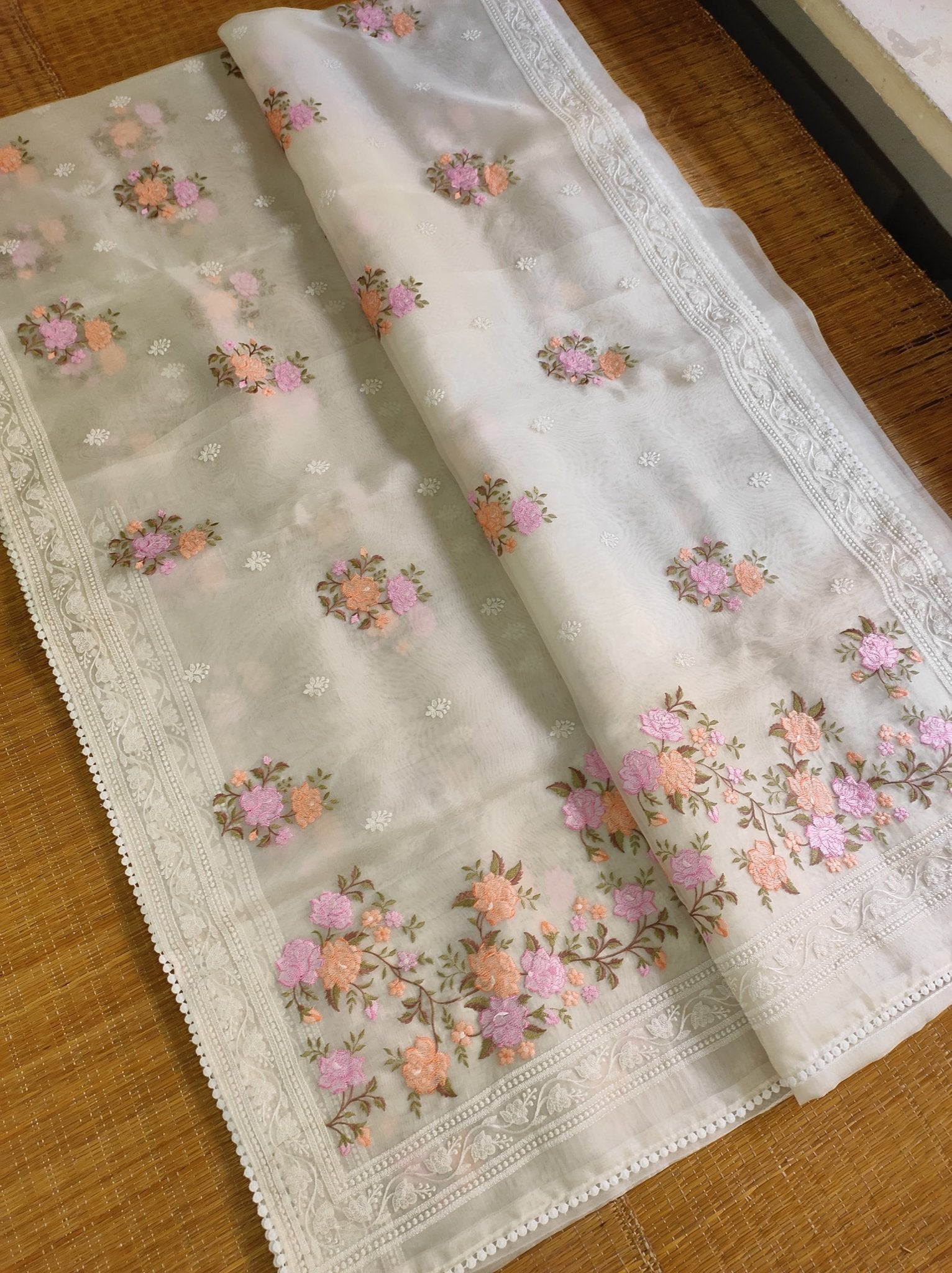 Pure Organza Silk Saree with Floral Embroidery Buta and Crochet Lace with Sleeves in Blouse - Resham Wala