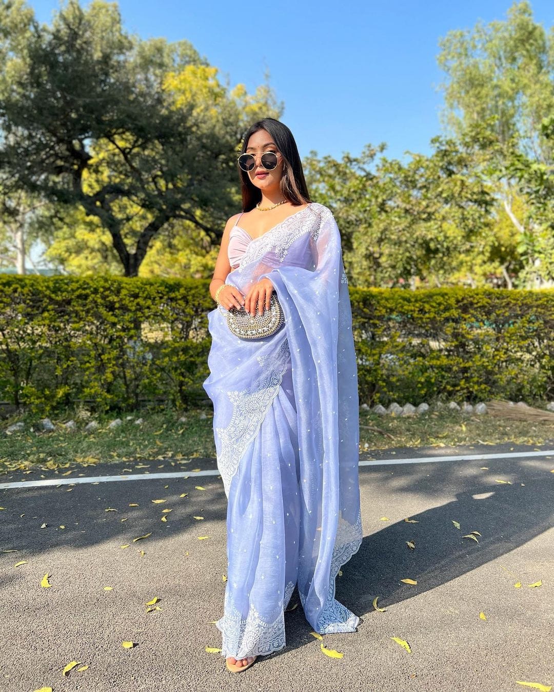 Pure Organza Silk Thread Embroidery Torani Pearl Border with Scallop edges and blouse work - Resham Wala