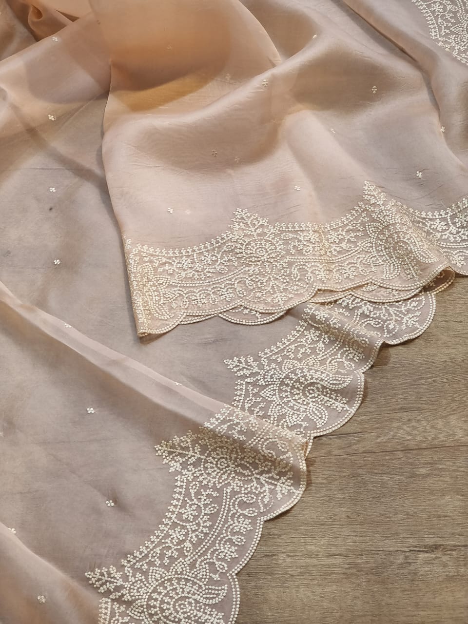 Pure Organza Silk Thread Embroidery Torani Pearl Border with Scallop edges and blouse work - Resham Wala