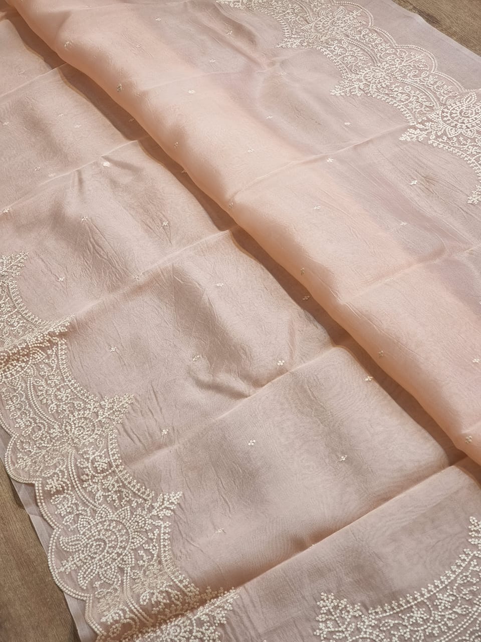 Pure Organza Silk Thread Embroidery Torani Pearl Border with Scallop edges and blouse work - Resham Wala